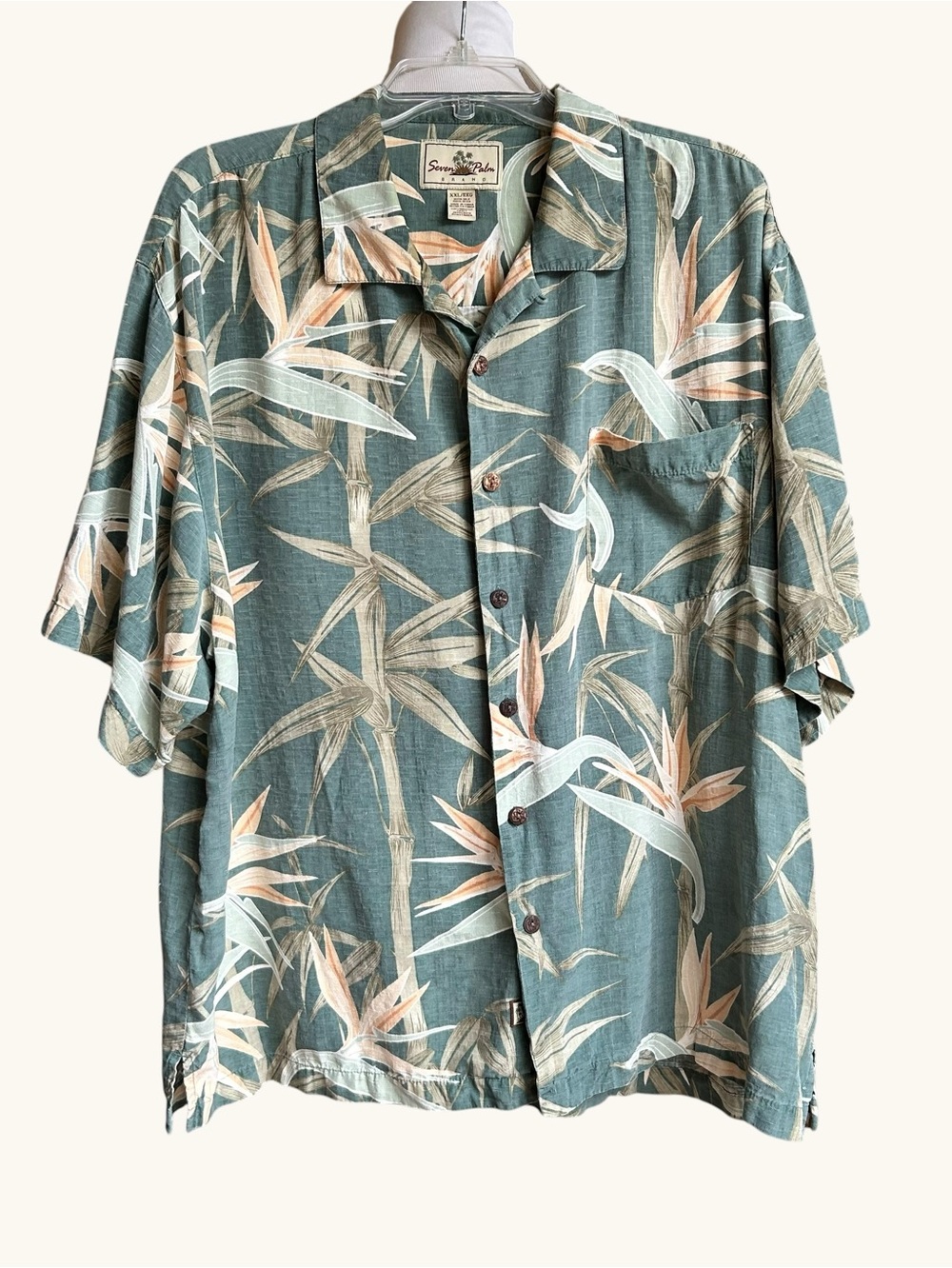 Seven Palm Silk Hawaiian Camp Shirt XXL Tropical Bird of Paradise Aloha Green